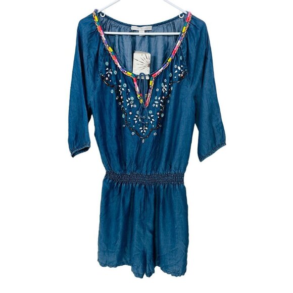 NEW Boston‎ Proper Size M Emb Chambray Romper Blue Embellished Bead Sequin NWT - Picture 1 of 6